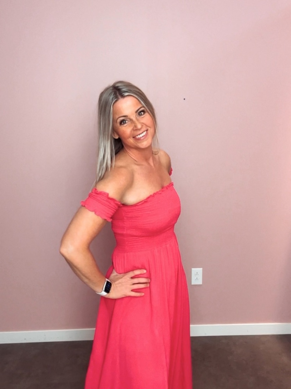 Women's One-Shoulder Coral Pink Maxi Dress with Smocked Bodice